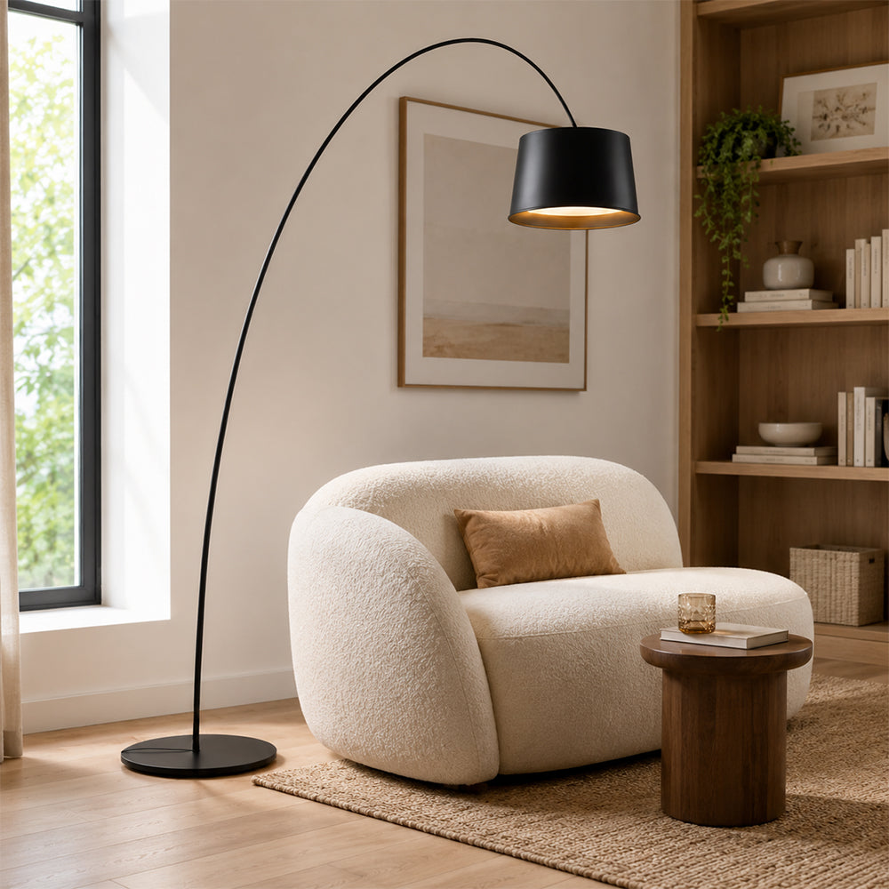 LIVARA Large Arc Floor Lamp with 45cm Shade Warm Light for Living Room Reading Corner - Black