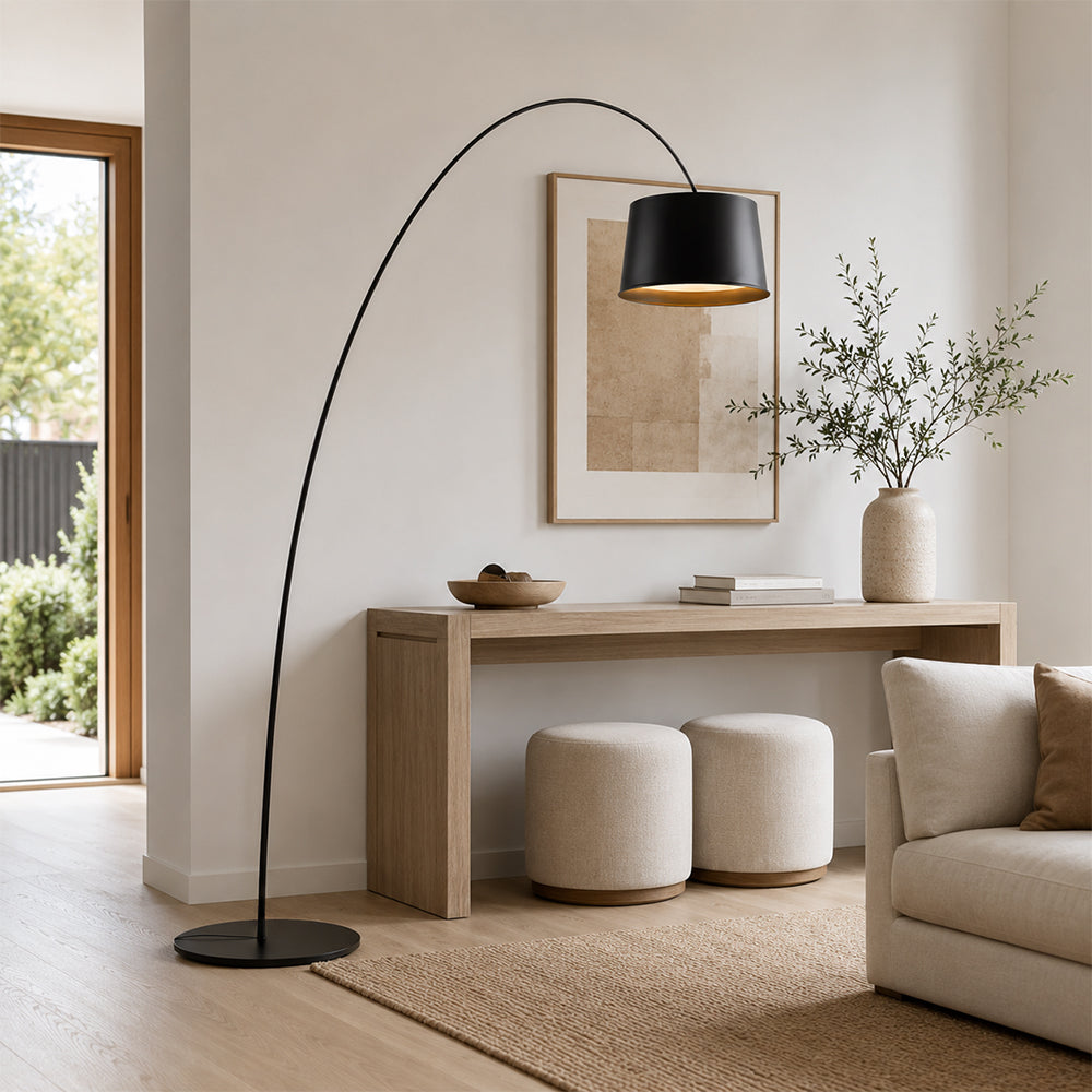 LIVARA Large Arc Floor Lamp with 45cm Shade Warm Light for Living Room Reading Corner - Black