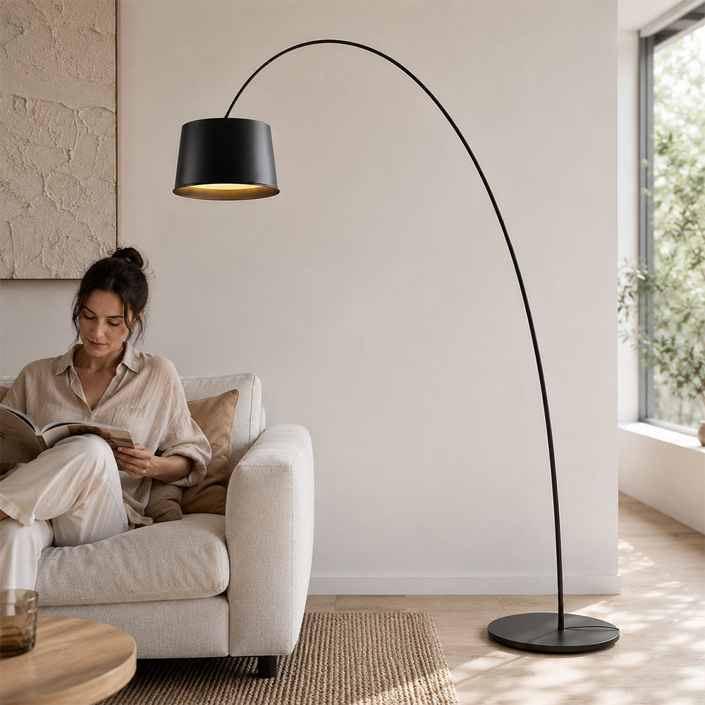 LIVARA Large Arc Floor Lamp with 45cm Shade Warm Light for Living Room Reading Corner - Black
