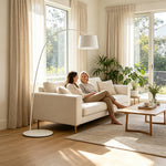LIVARA Large Arc Floor Lamp with 45cm Shade Warm Light for Living Room Reading Corner - White