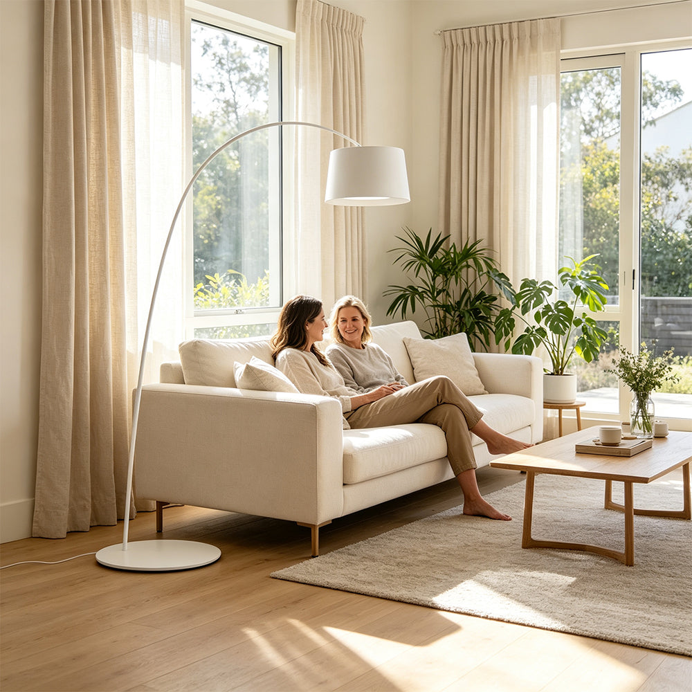LIVARA Large Arc Floor Lamp with 45cm Shade Warm Light for Living Room Reading Corner - White