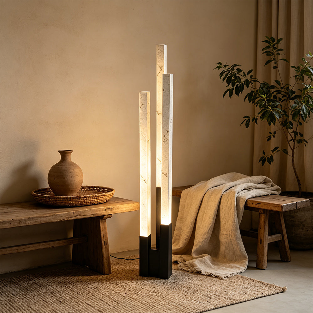 LIVARA Premium 3-Light Marble-Look LED Floor Lamp Warm Light for Living Room Bedroom - Pearl Black & White