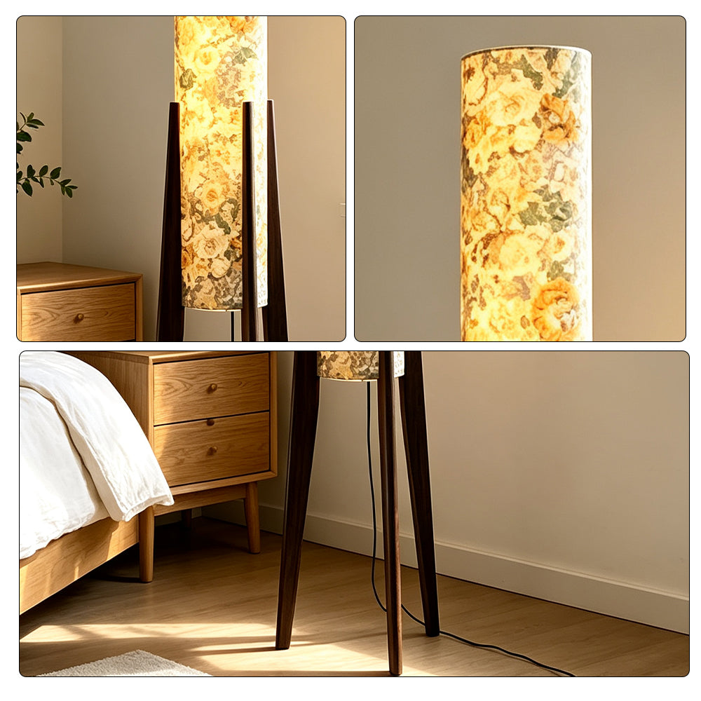 LIVARA Vintage Floral Fabric Shade Tripod Floor Lamp Decorative Standing Light for Living Room Bedroom - Multicolour & Black
