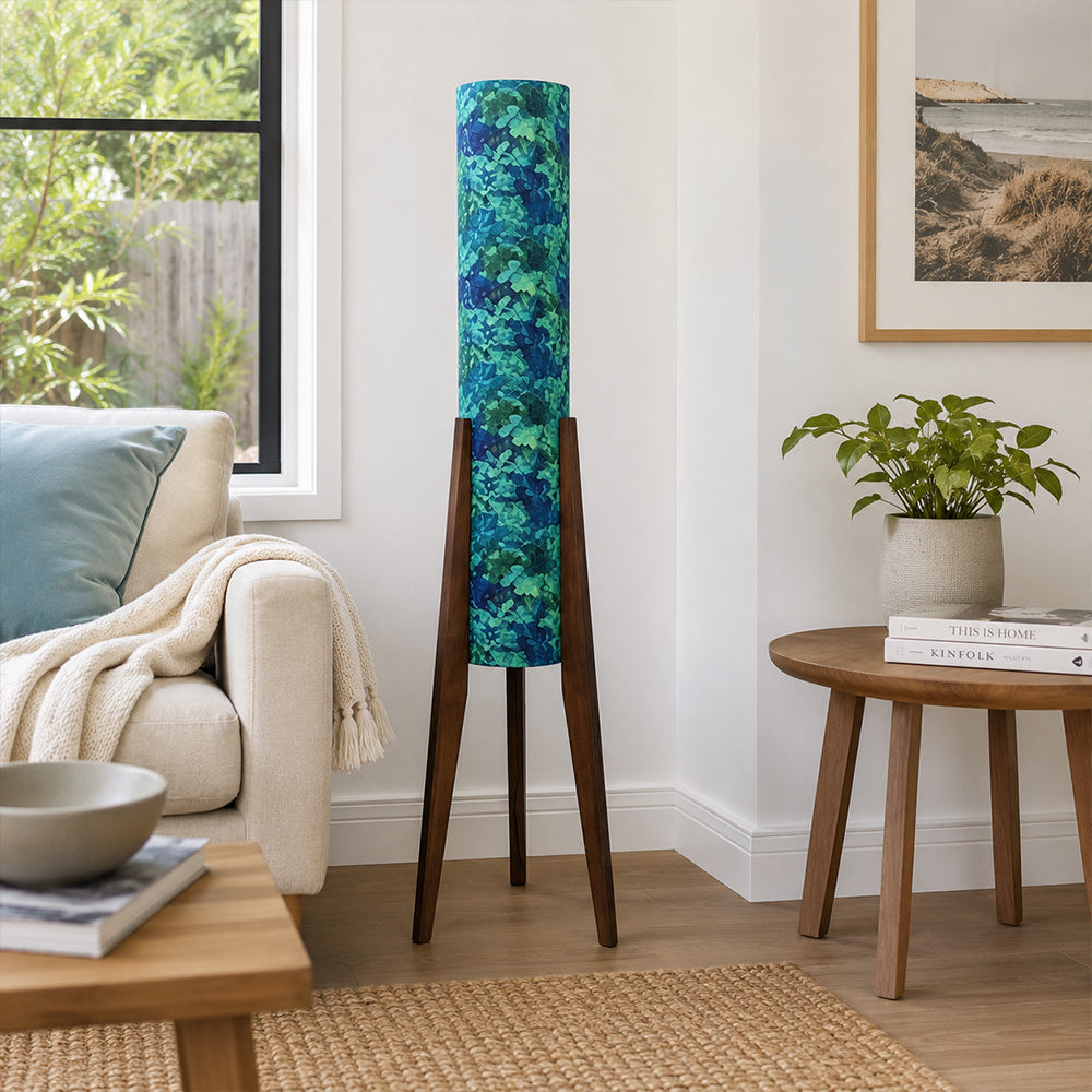 LIVARA Vintage Floral Fabric Shade Tripod Floor Lamp for Living Room Bedroom - Teal & Black Walnut
