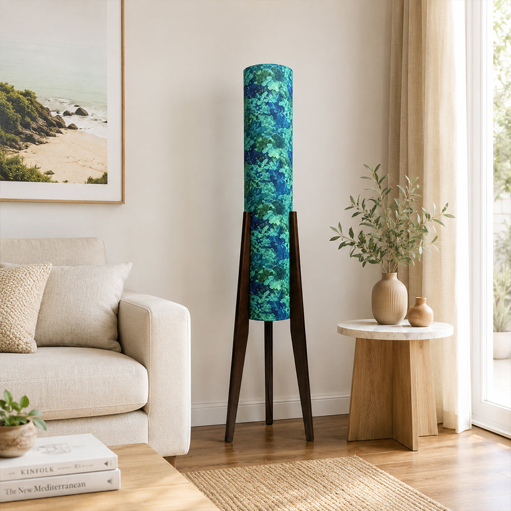 LIVARA Vintage Floral Fabric Shade Tripod Floor Lamp for Living Room Bedroom - Teal & Black Walnut