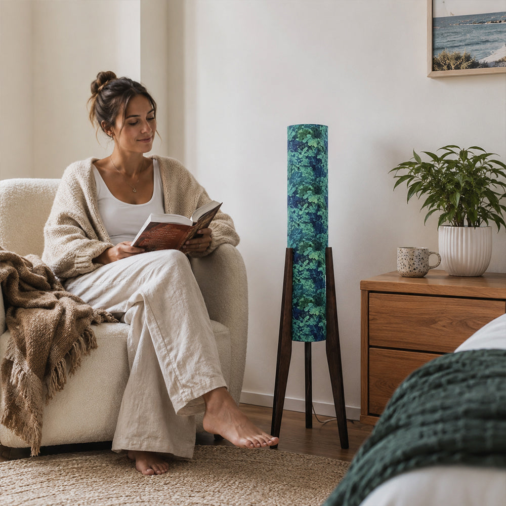 LIVARA Vintage Floral Fabric Shade Tripod Floor Lamp for Living Room Bedroom - Teal & Black Walnut