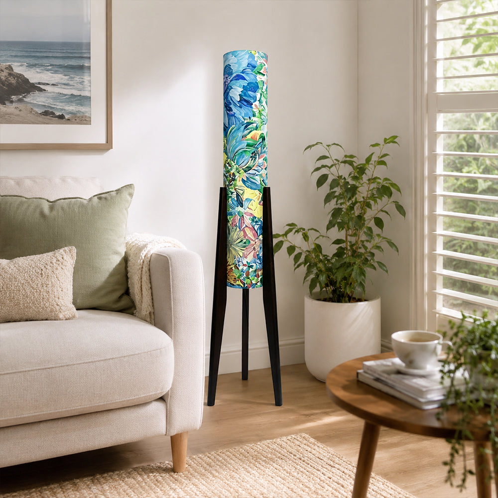 LIVARA 130cm Vintage Floral Fabric Shade Tripod Floor Lamp for Living Room Bedroom - Multicolour & Black Walnut