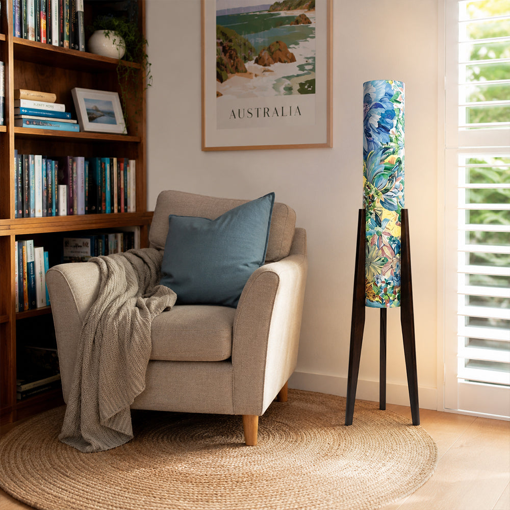 LIVARA 130cm Vintage Floral Fabric Shade Tripod Floor Lamp for Living Room Bedroom - Multicolour & Black Walnut