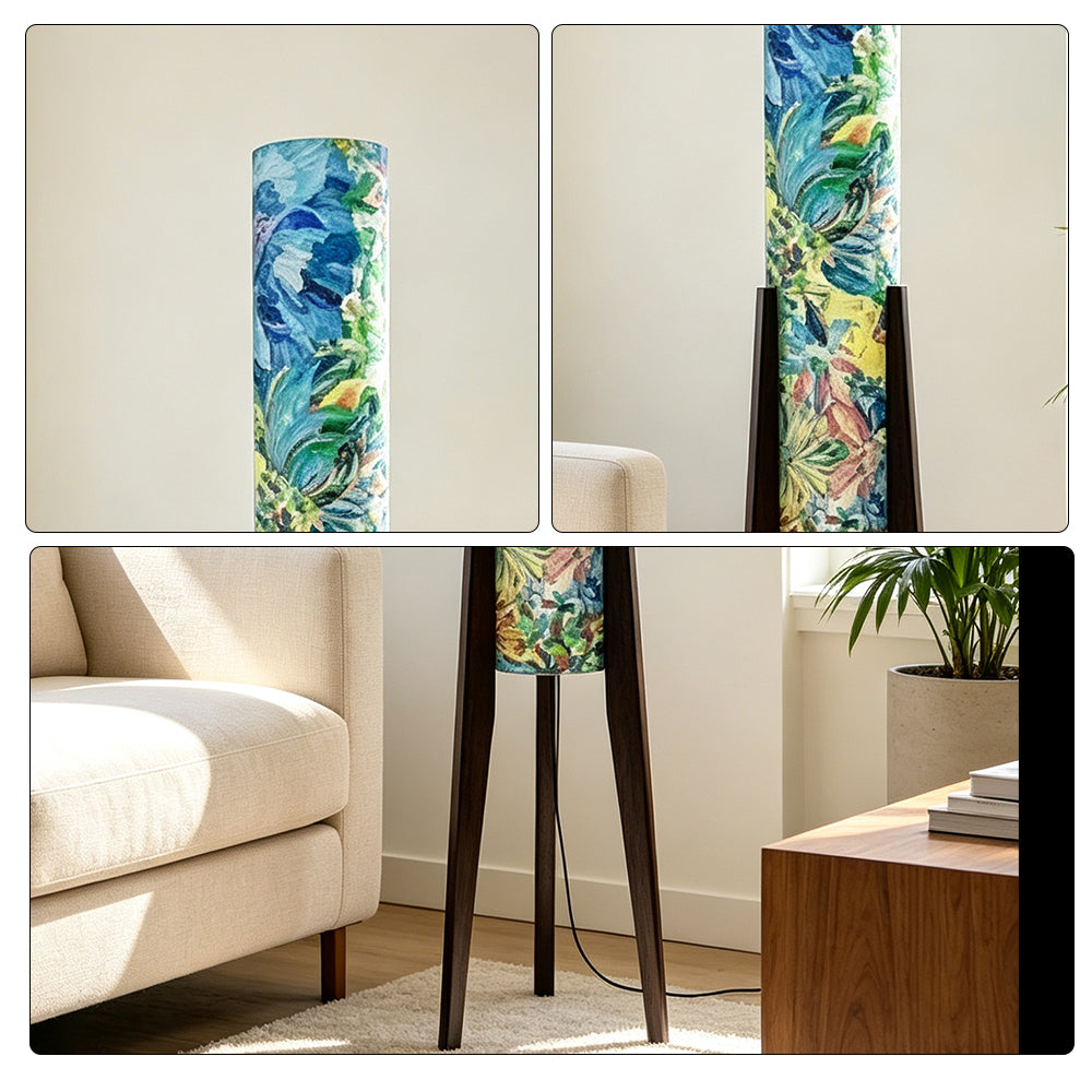LIVARA 130cm Vintage Floral Fabric Shade Tripod Floor Lamp for Living Room Bedroom - Multicolour & Black Walnut