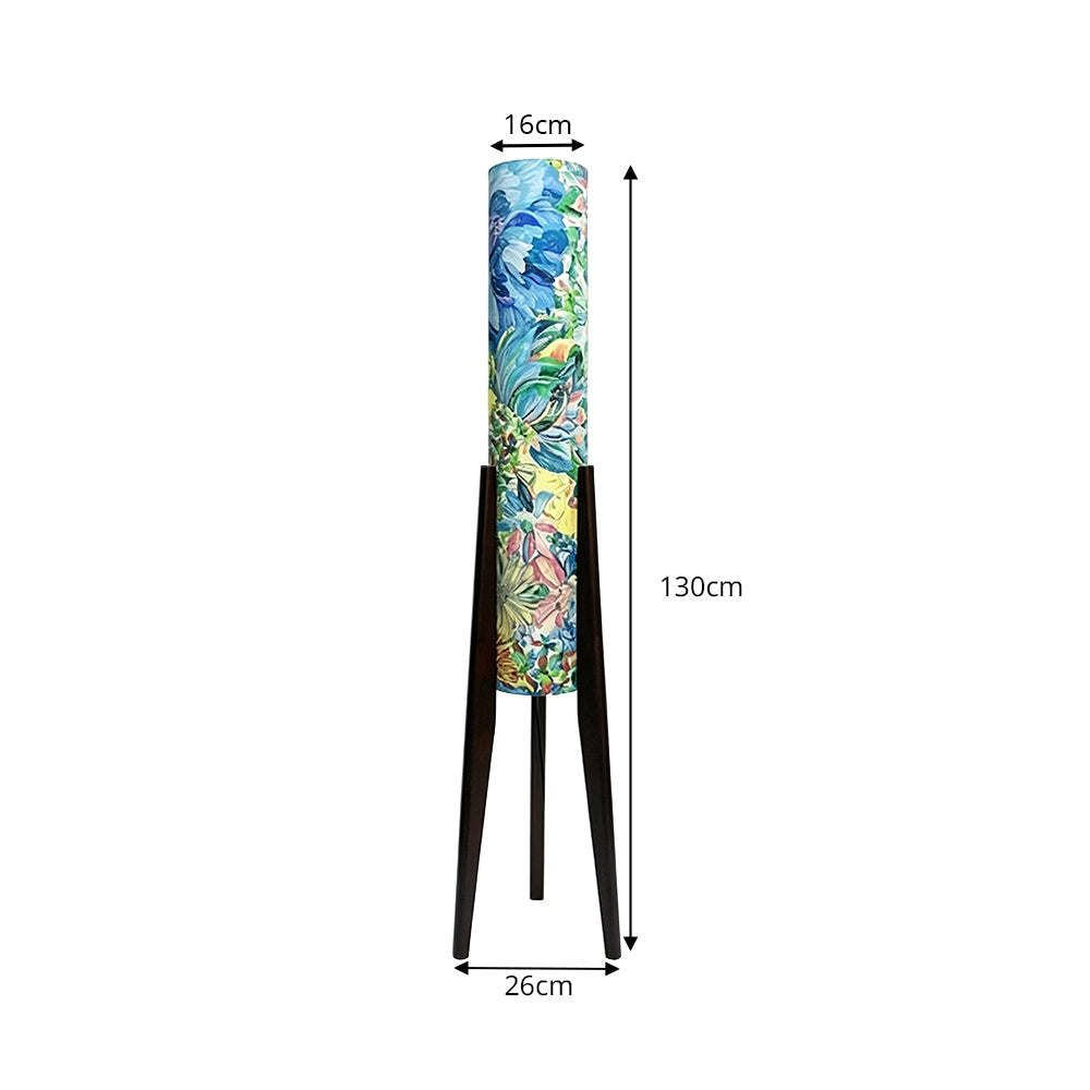 LIVARA 130cm Vintage Floral Fabric Shade Tripod Floor Lamp for Living Room Bedroom - Multicolour & Black Walnut