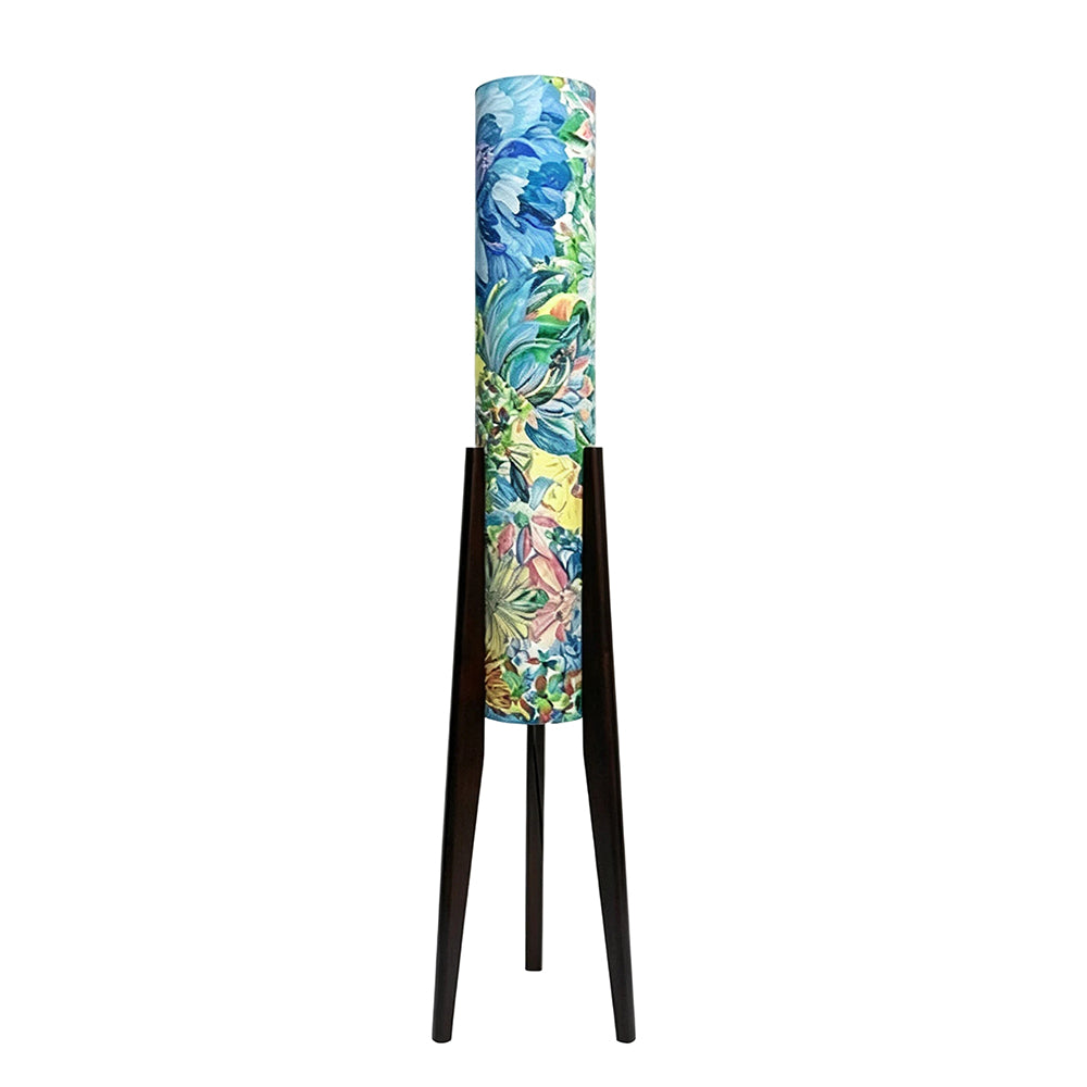 LIVARA 130cm Vintage Floral Fabric Shade Tripod Floor Lamp for Living Room Bedroom - Multicolour & Black Walnut