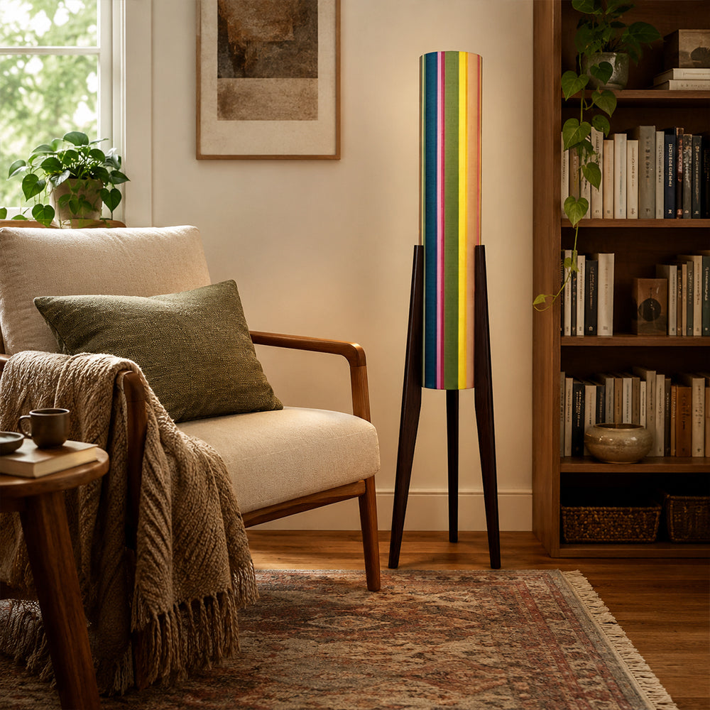 LIVARA 130cm Rainbow Stripe Fabric Shade Tripod Floor Lamp for Living Room Bedroom - Multicolour & Black Walnut