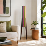 LIVARA 130cm Rainbow Stripe Fabric Shade Tripod Floor Lamp for Living Room Bedroom - Multicolour & Black Walnut