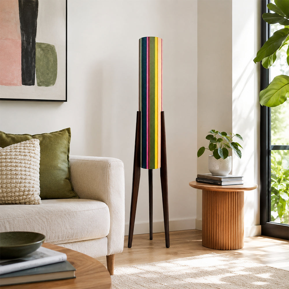 LIVARA 130cm Rainbow Stripe Fabric Shade Tripod Floor Lamp for Living Room Bedroom - Multicolour & Black Walnut