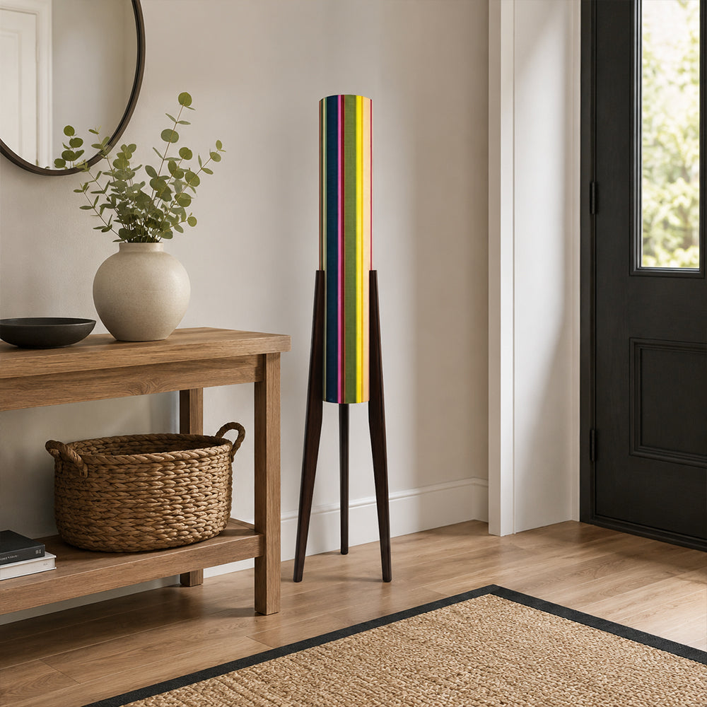 LIVARA 130cm Rainbow Stripe Fabric Shade Tripod Floor Lamp for Living Room Bedroom - Multicolour & Black Walnut