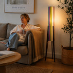 LIVARA 130cm Rainbow Stripe Fabric Shade Tripod Floor Lamp for Living Room Bedroom - Multicolour & Black Walnut
