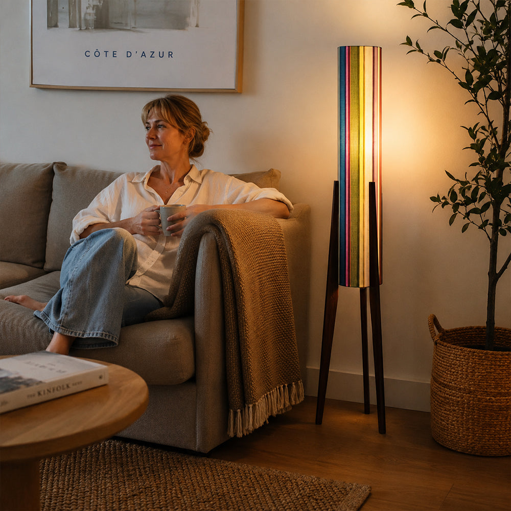 LIVARA 130cm Rainbow Stripe Fabric Shade Tripod Floor Lamp for Living Room Bedroom - Multicolour & Black Walnut