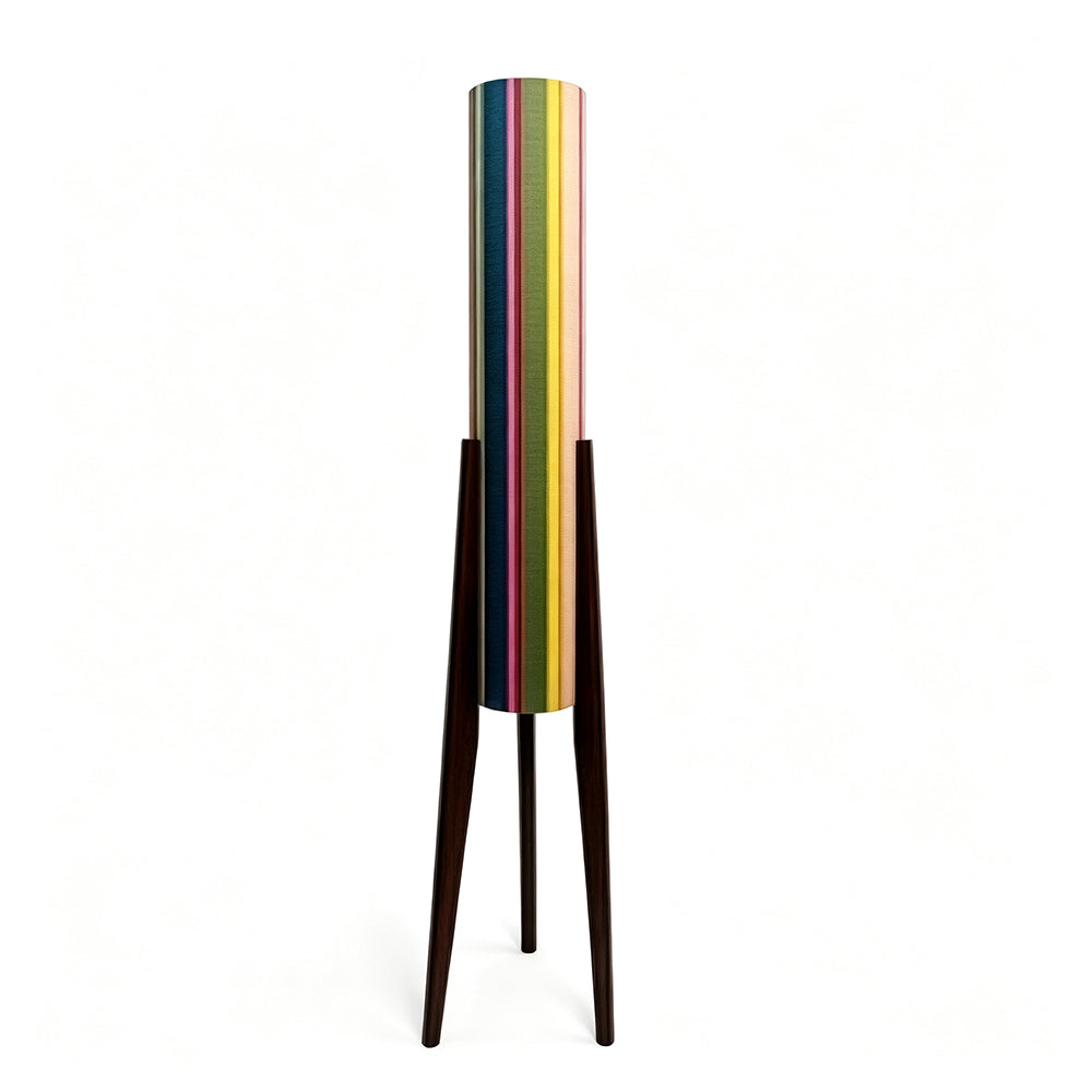 LIVARA 130cm Rainbow Stripe Fabric Shade Tripod Floor Lamp for Living Room Bedroom - Multicolour & Black Walnut