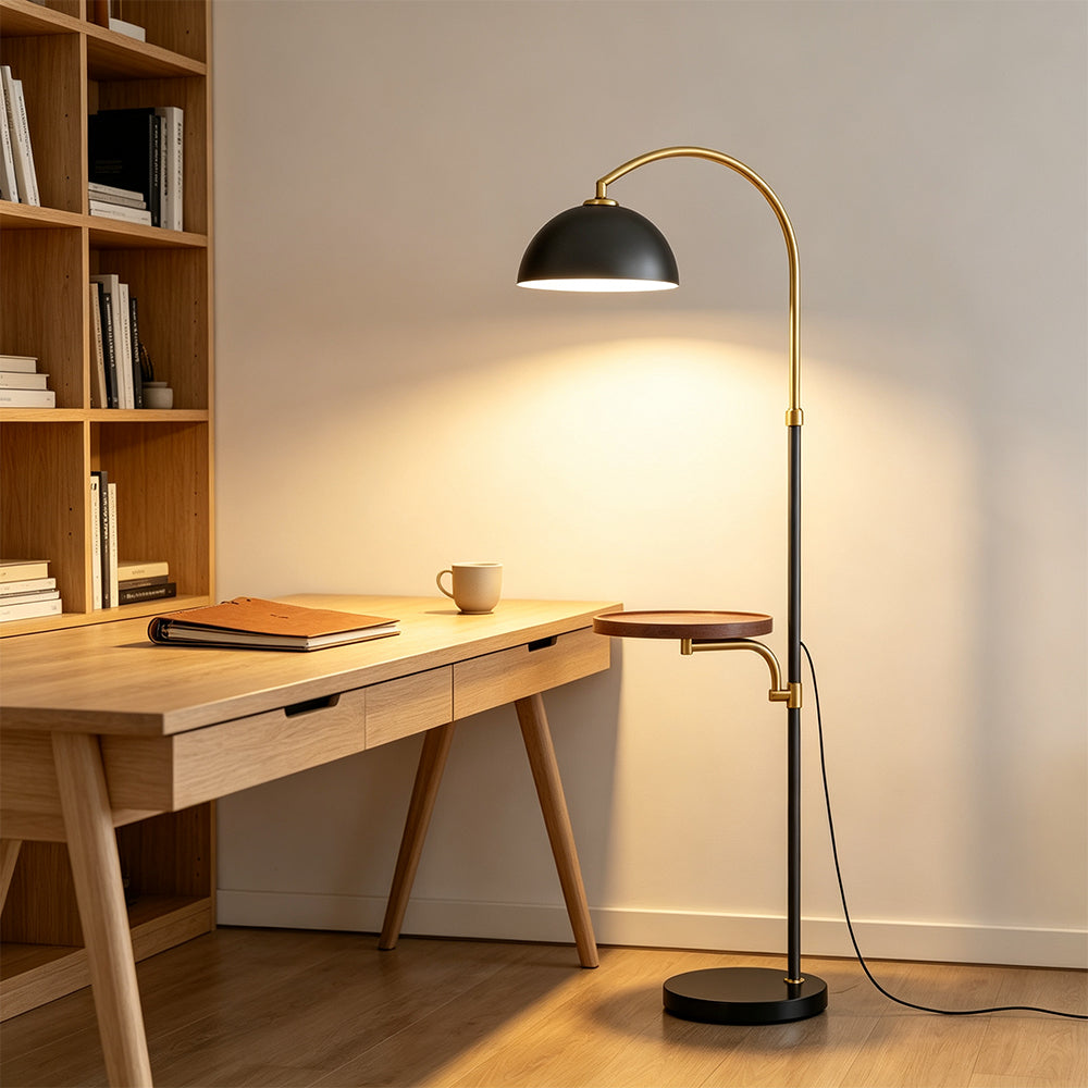 LIVARA Arc Floor Lamp with Dome Shade and Side Table for Living Room Reading Corner - Black & Gold