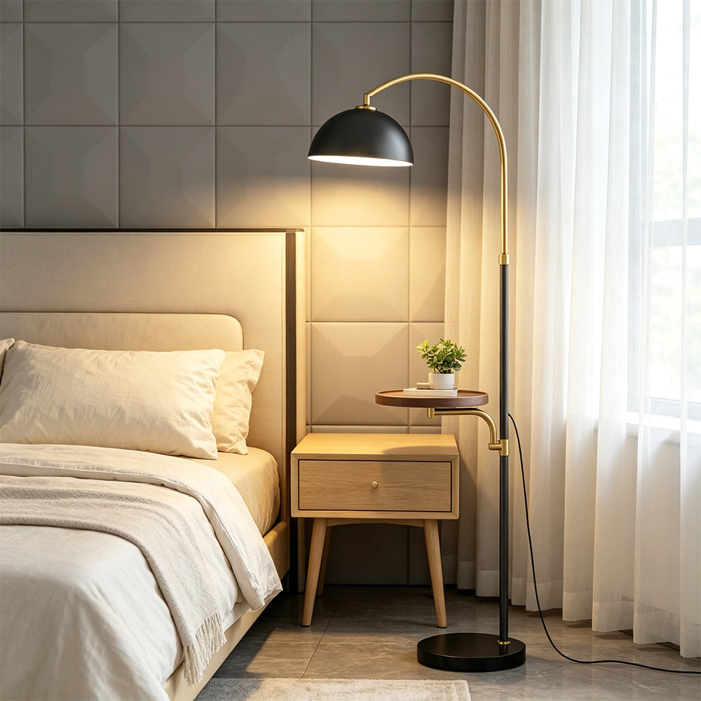 LIVARA Arc Floor Lamp with Dome Shade and Side Table for Living Room Reading Corner - Black & Gold