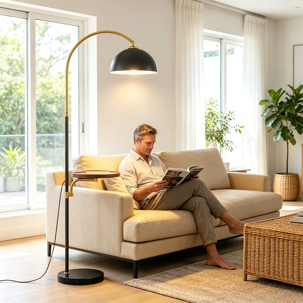 LIVARA Arc Floor Lamp with Dome Shade and Side Table for Living Room Reading Corner - Black & Gold