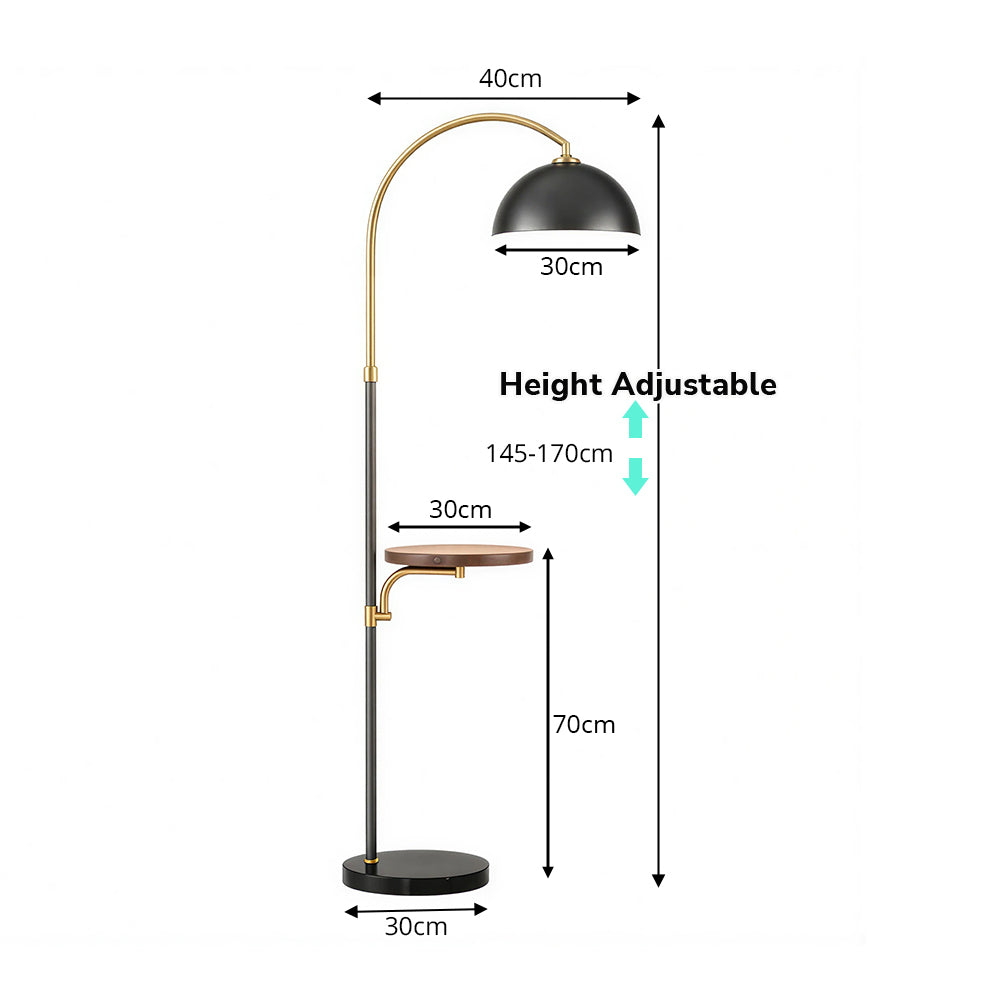 LIVARA Arc Floor Lamp with Dome Shade and Side Table for Living Room Reading Corner - Black & Gold