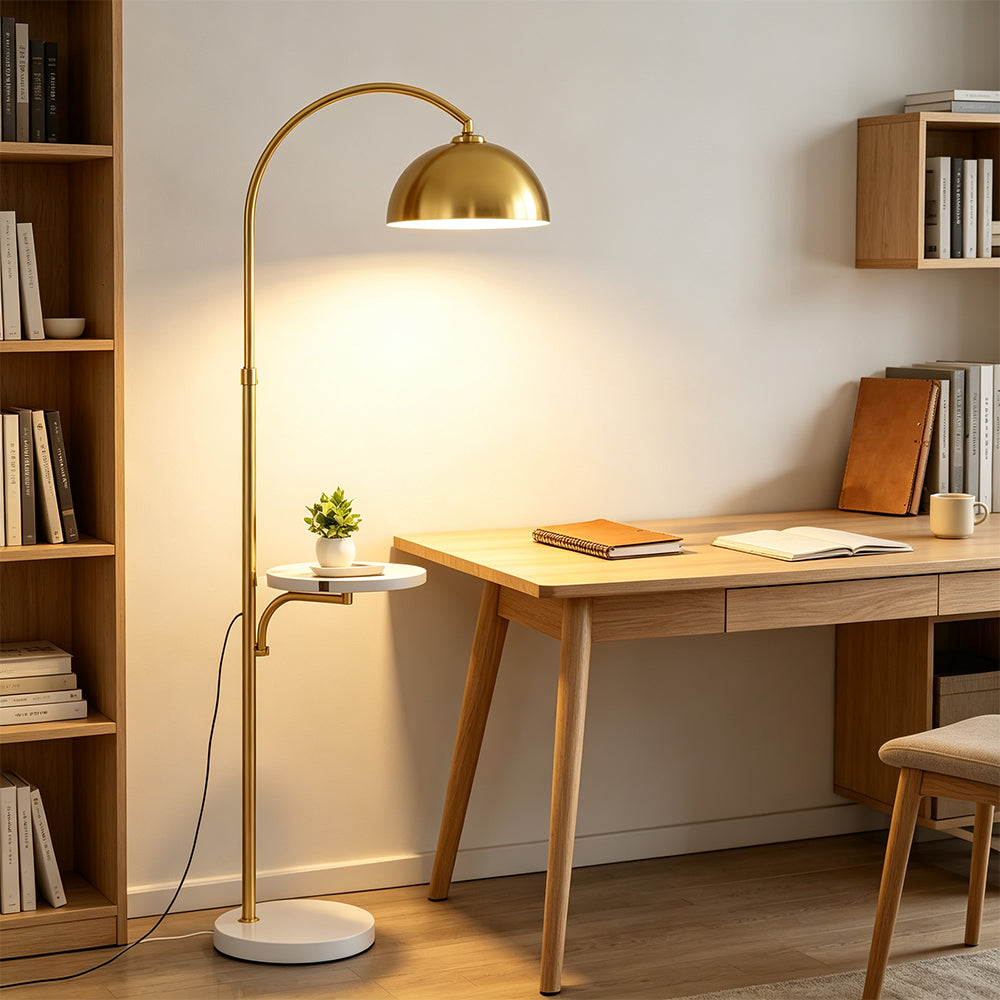 LIVARA Arc Floor Lamp with Dome Shade and Side Table for Living Room Reading Corner - Gold