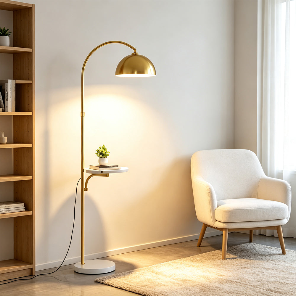LIVARA Arc Floor Lamp with Dome Shade and Side Table for Living Room Reading Corner - Gold