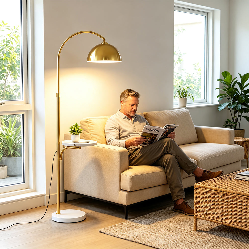 LIVARA Arc Floor Lamp with Dome Shade and Side Table for Living Room Reading Corner - Gold