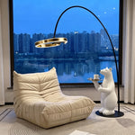 LIVARA Modern Arc Floor Lamp with Circular LED Ring Light for Living Room Reading Area - Pearl Black