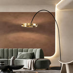 LIVARA Modern Arc Floor Lamp with Circular LED Ring Light for Living Room Reading Area - Pearl Black