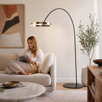LIVARA Modern Arc Floor Lamp with Circular LED Ring Light for Living Room Reading Area - Pearl Black