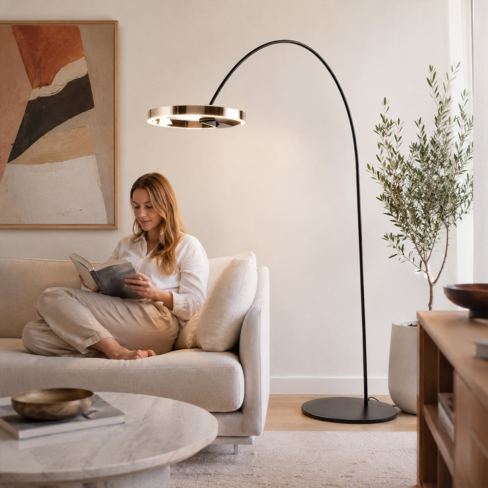 LIVARA Modern Arc Floor Lamp with Circular LED Ring Light for Living Room Reading Area - Pearl Black