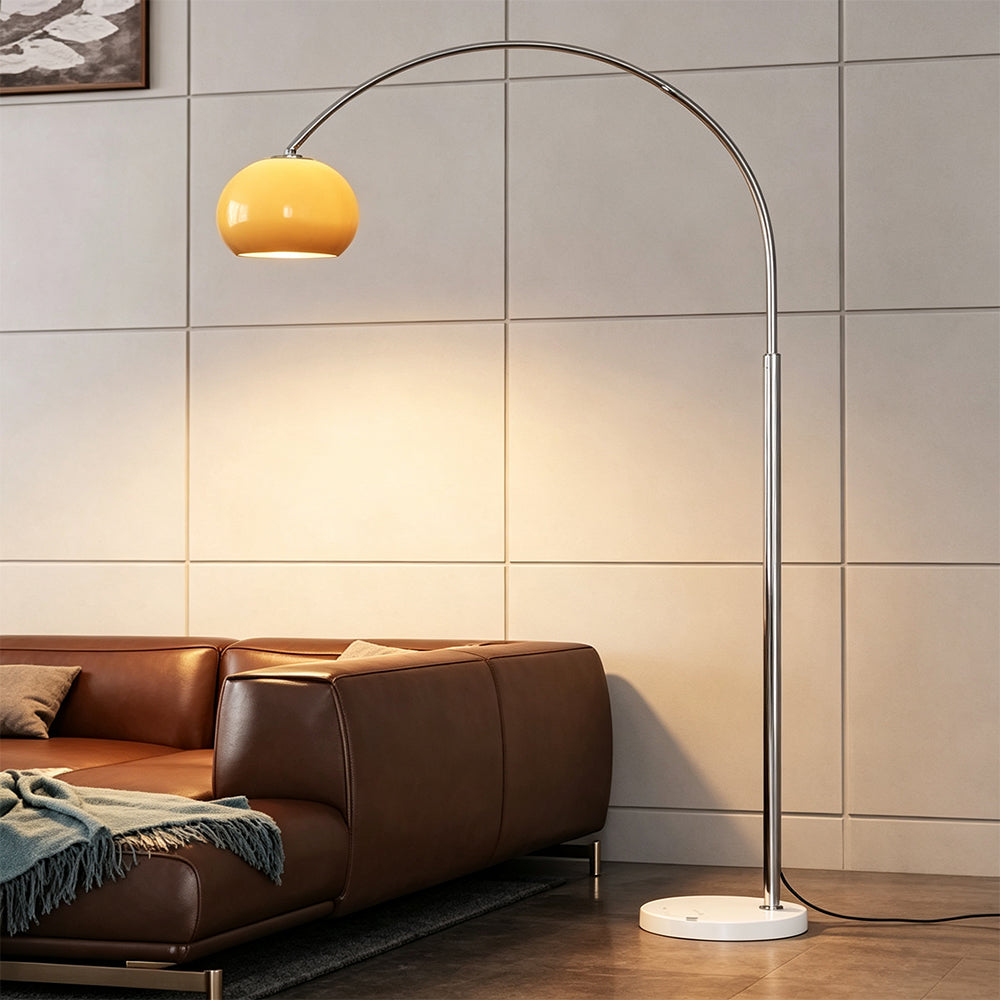 LIVARA Modern Arc Floor Lamp with Adjustable Dome Shade and Marble Base for Living Room Reading Area - Silver & Orange