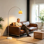 LIVARA Modern Arc Floor Lamp with Adjustable Dome Shade and Marble Base for Living Room Reading Area - Silver & Orange