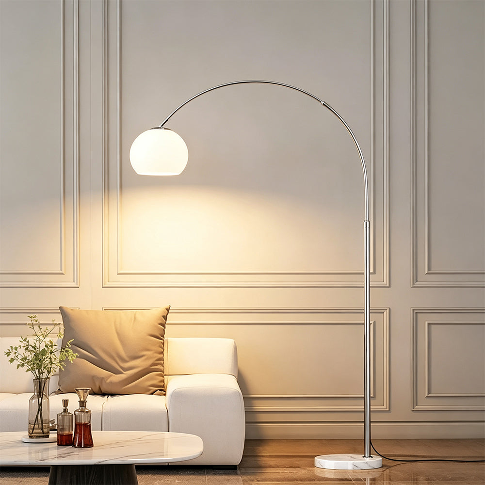 LIVARA Modern Arc Floor Lamp with Adjustable Dome Shade and Marble Base for Living Room Reading Area - White