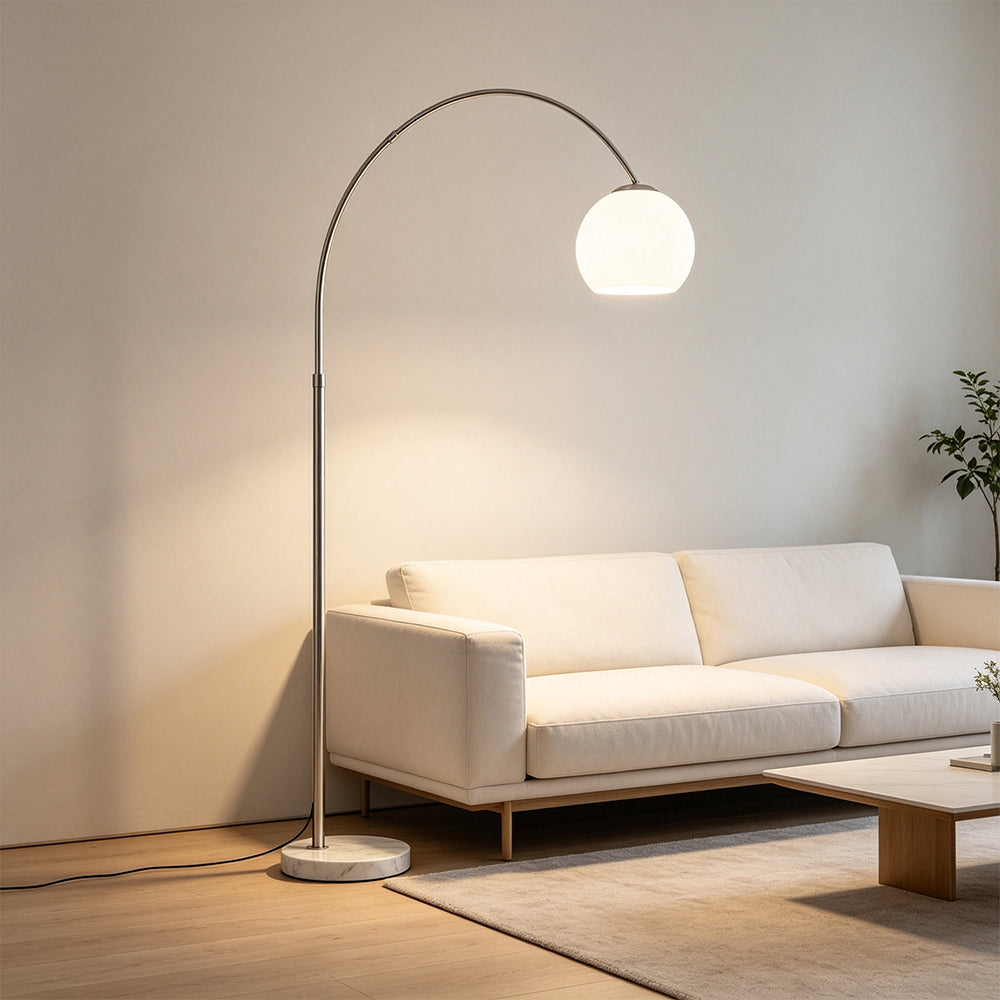 LIVARA Modern Arc Floor Lamp with Adjustable Dome Shade and Marble Base for Living Room Reading Area - White