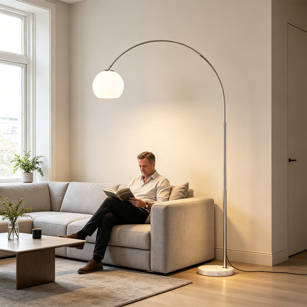LIVARA Modern Arc Floor Lamp with Adjustable Dome Shade and Marble Base for Living Room Reading Area - White