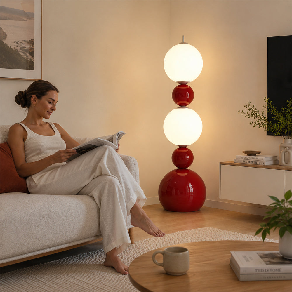 LIVARA Sculptural Globe Floor Lamp with Full Spectrum Eye-Care Lighting for Living Room Bedroom - Red & White