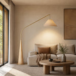 LIVARA Modern Arc Floor Lamp with Suspended Fabric Shade and Wood Base for Living Room Reading Area - Natural Wood & Beige