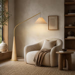 LIVARA Modern Arc Floor Lamp with Suspended Fabric Shade and Wood Base for Living Room Reading Area - Natural Wood & Beige