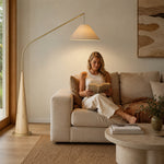 LIVARA Modern Arc Floor Lamp with Suspended Fabric Shade and Wood Base for Living Room Reading Area - Natural Wood & Beige