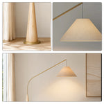 LIVARA Modern Arc Floor Lamp with Suspended Fabric Shade and Wood Base for Living Room Reading Area - Natural Wood & Beige