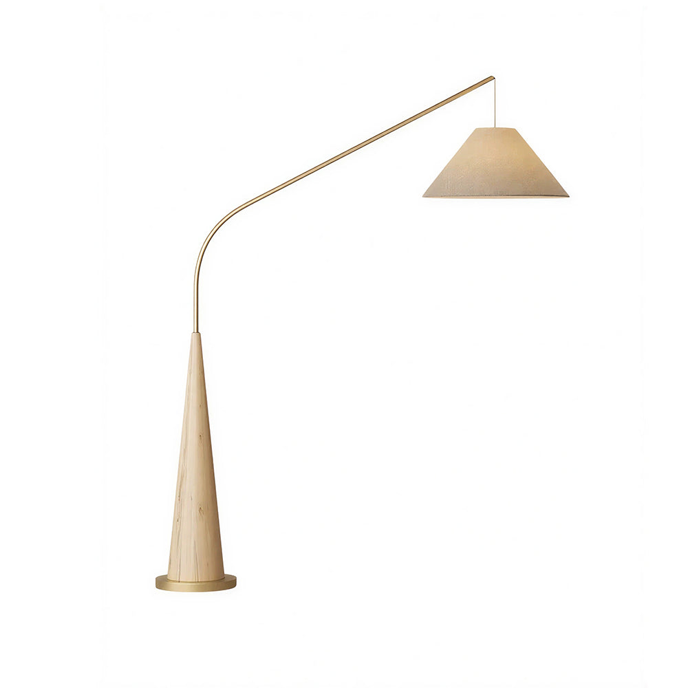 LIVARA Modern Arc Floor Lamp with Suspended Fabric Shade and Wood Base for Living Room Reading Area - Natural Wood & Beige