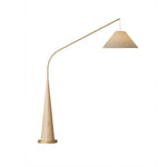 LIVARA Modern Arc Floor Lamp with Suspended Fabric Shade and Wood Base for Living Room Reading Area - Natural Wood & Beige