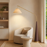 LIVARA Modern Arc Floor Lamp with Suspended Fabric Shade and Tapered Base for Living Room Reading Area - Walnut & Beige
