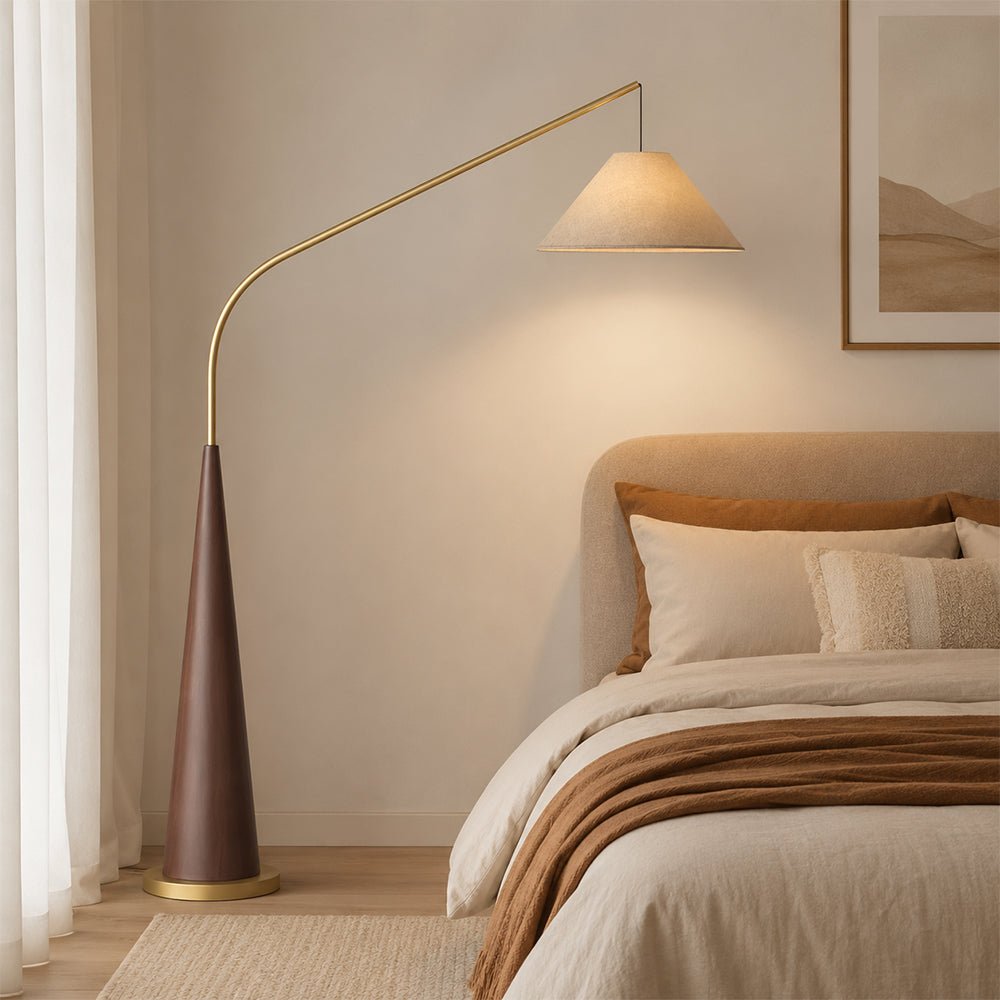 LIVARA Modern Arc Floor Lamp with Suspended Fabric Shade and Tapered Base for Living Room Reading Area - Walnut & Beige