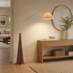 LIVARA Modern Arc Floor Lamp with Suspended Fabric Shade and Tapered Base for Living Room Reading Area - Walnut & Beige