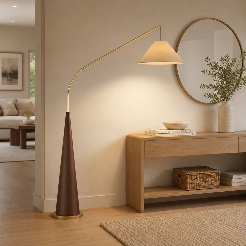 LIVARA Modern Arc Floor Lamp with Suspended Fabric Shade and Tapered Base for Living Room Reading Area - Walnut & Beige
