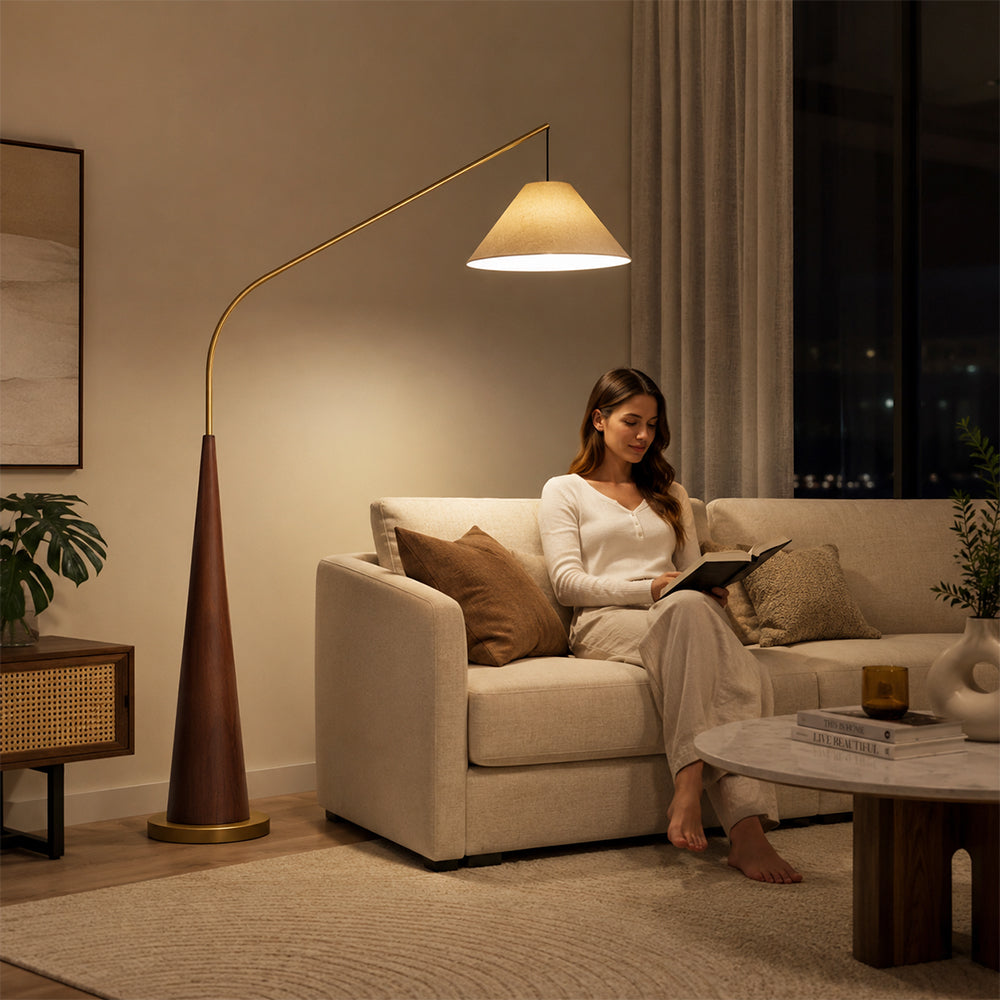 LIVARA Modern Arc Floor Lamp with Suspended Fabric Shade and Tapered Base for Living Room Reading Area - Walnut & Beige